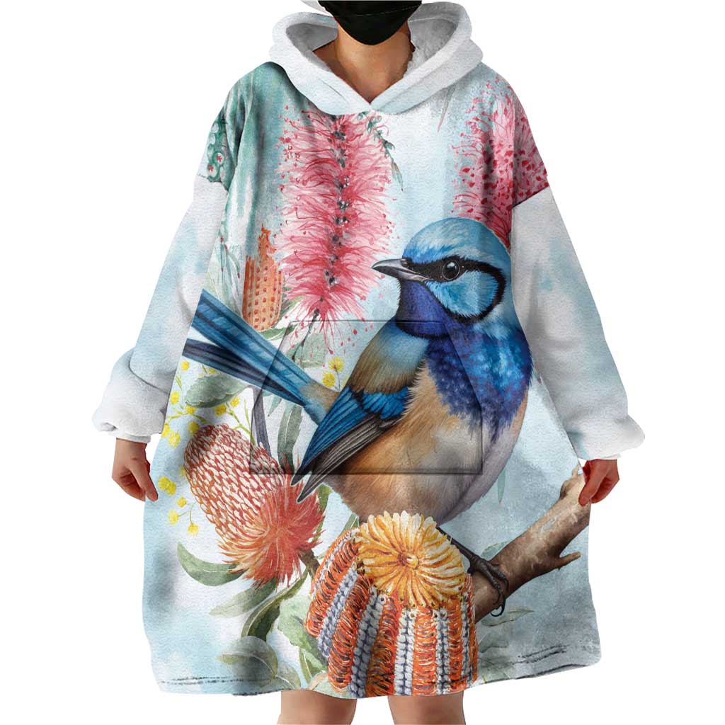 Splendid Fairy-wren Australia Wearable Blanket Hoodie Aussie National Flowers - Watercolor Style - Vibe Hoodie Shop