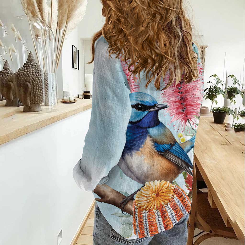 Splendid Fairy-wren Australia Women Casual Shirt Aussie National Flowers - Watercolor Style - Vibe Hoodie Shop