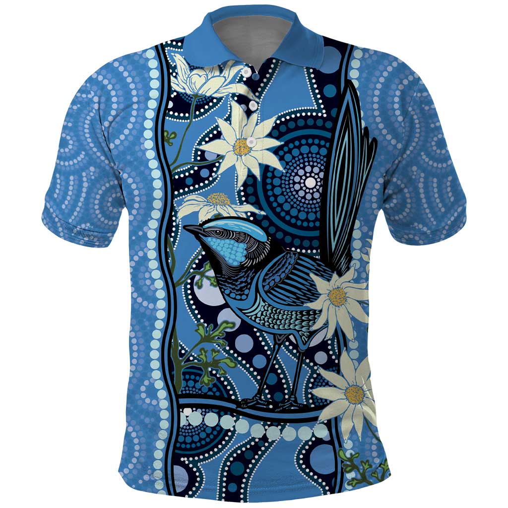 Australia Flannel Flower With Superb Fairy-wren Polo Shirt Aboriginal Art - Vibe Hoodie Shop