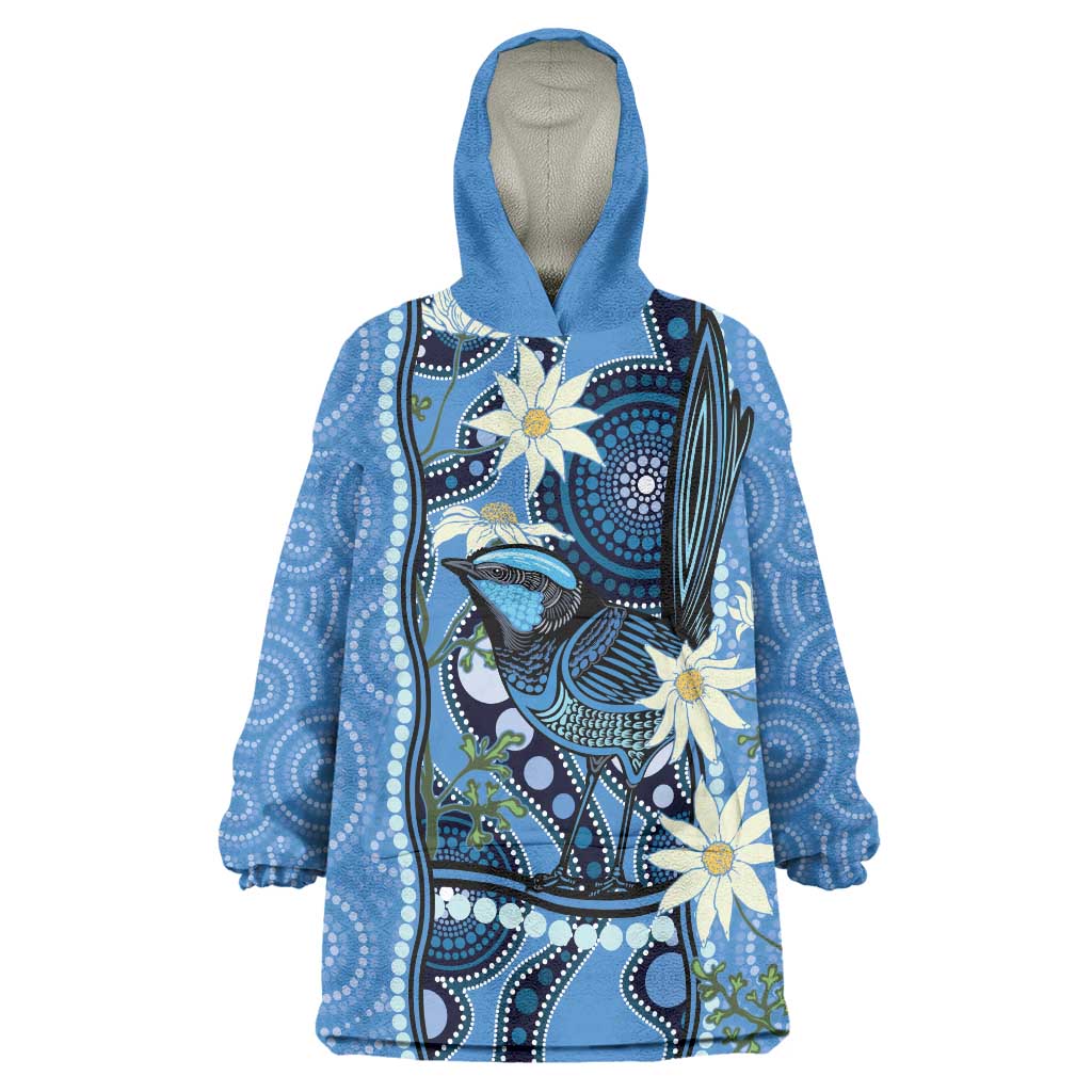 Australia Flannel Flower With Superb Fairy-wren Wearable Blanket Hoodie Aboriginal Art - Vibe Hoodie Shop