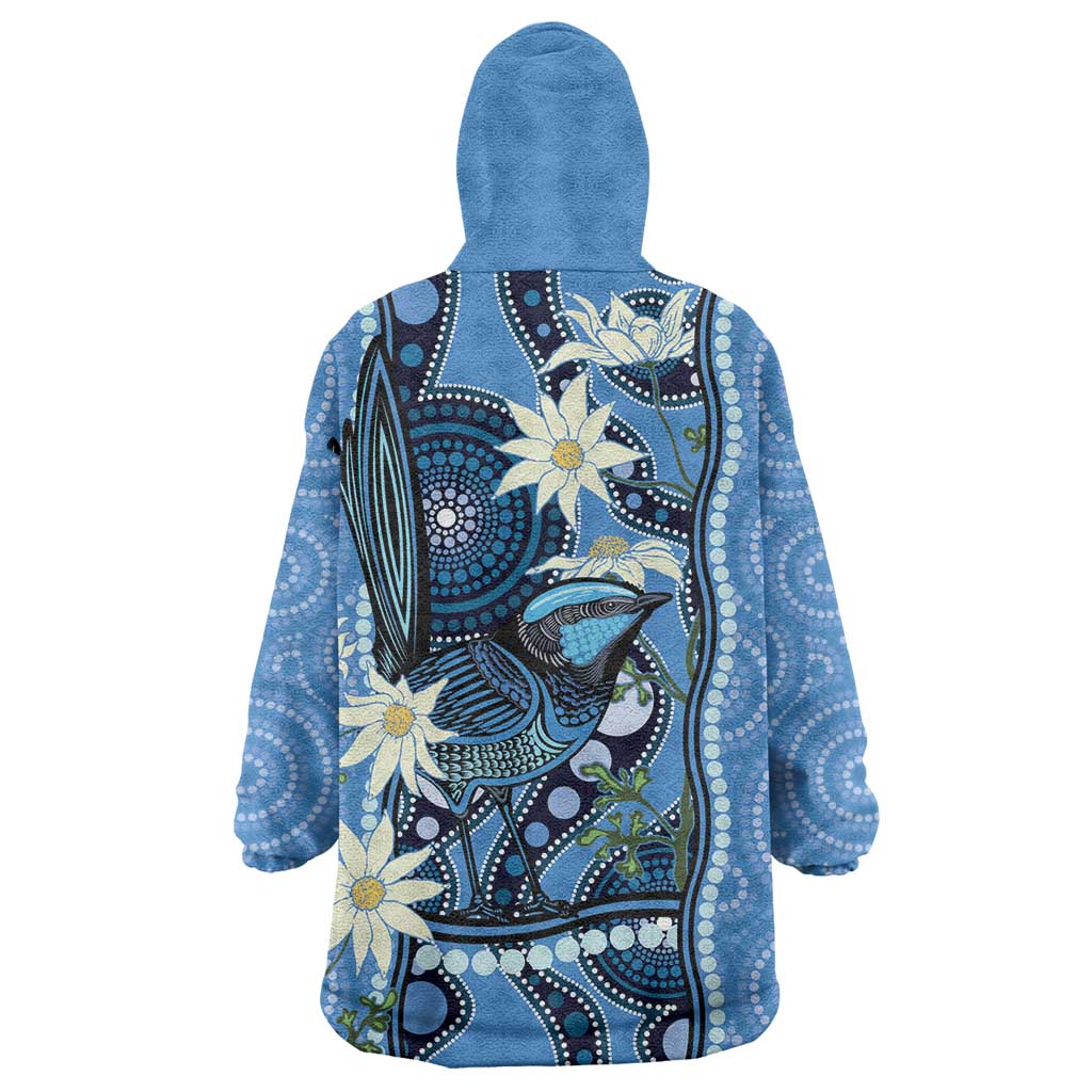 Australia Flannel Flower With Superb Fairy-wren Wearable Blanket Hoodie Aboriginal Art - Vibe Hoodie Shop