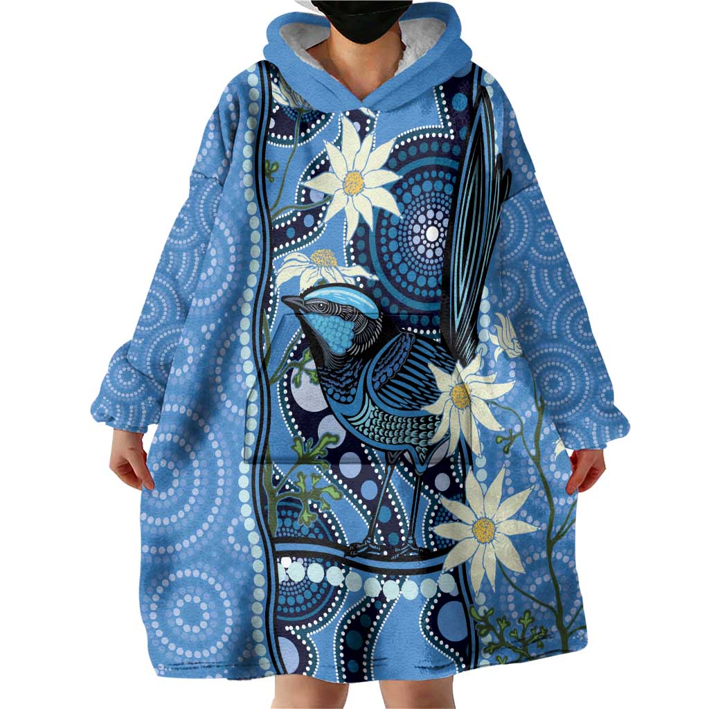 Australia Flannel Flower With Superb Fairy-wren Wearable Blanket Hoodie Aboriginal Art - Vibe Hoodie Shop