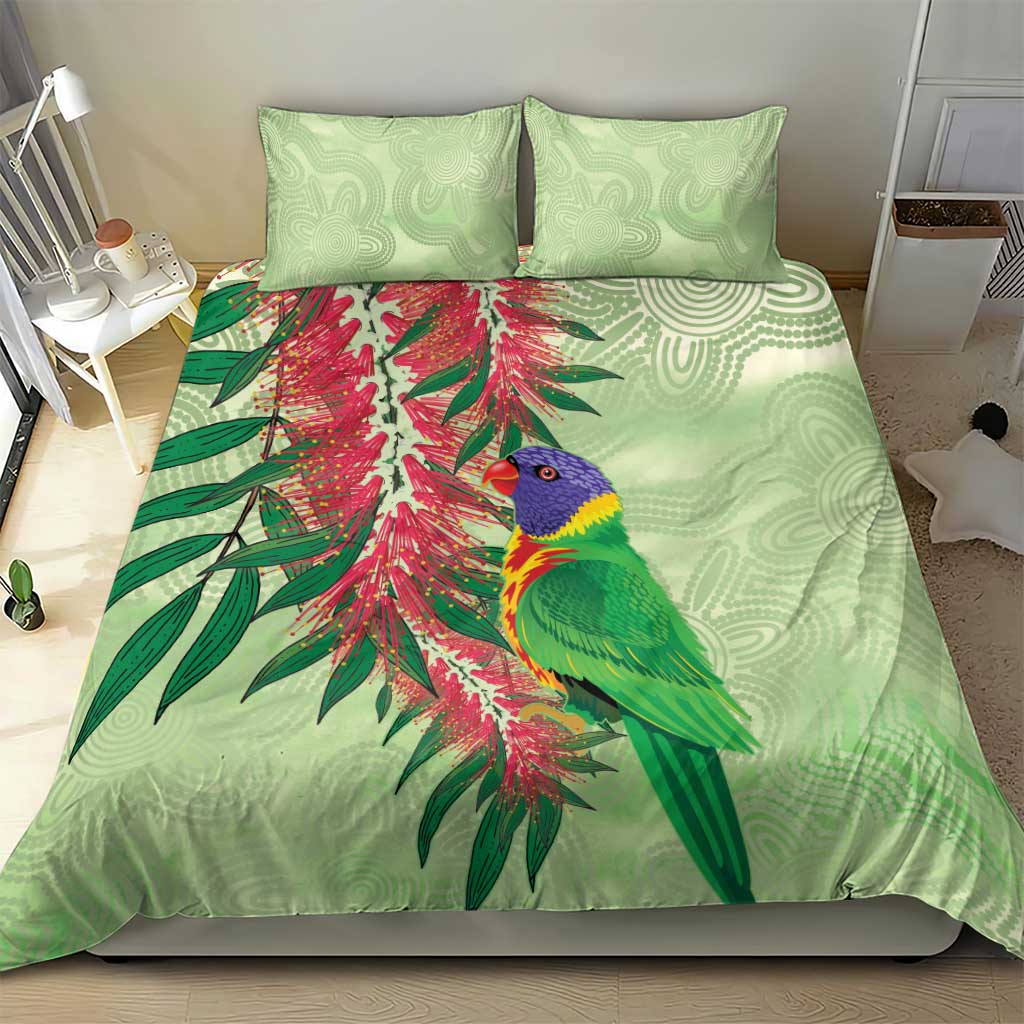 Australia Bottlebrush And Lorikeets Bedding Set Aboriginal Art - Watercolor Style - Vibe Hoodie Shop