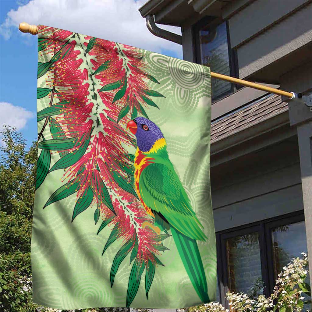 Australia Bottlebrush And Lorikeets Garden Flag Aboriginal Art - Watercolor Style - Vibe Hoodie Shop