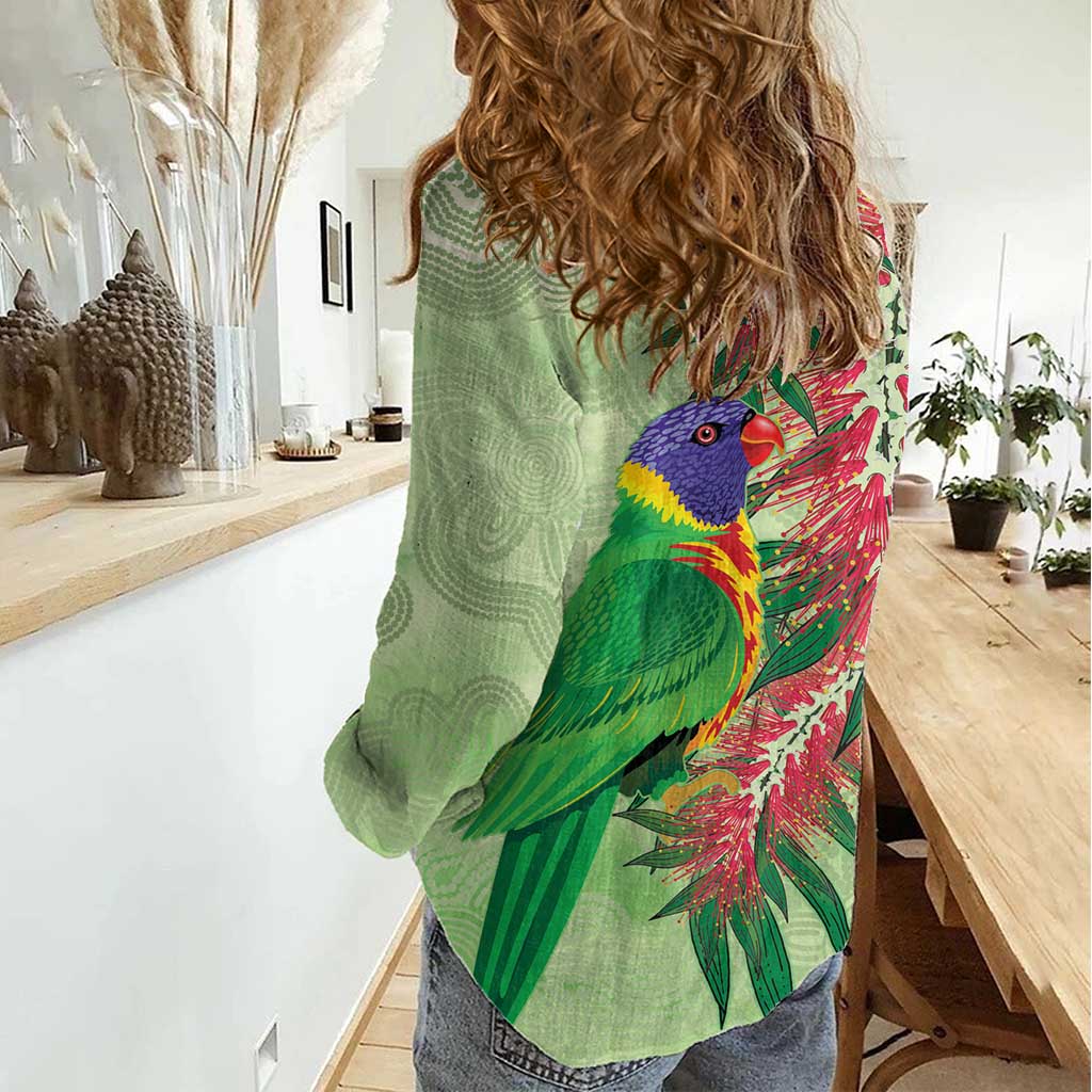 Australia Bottlebrush And Lorikeets Women Casual Shirt Aboriginal Art - Watercolor Style - Vibe Hoodie Shop