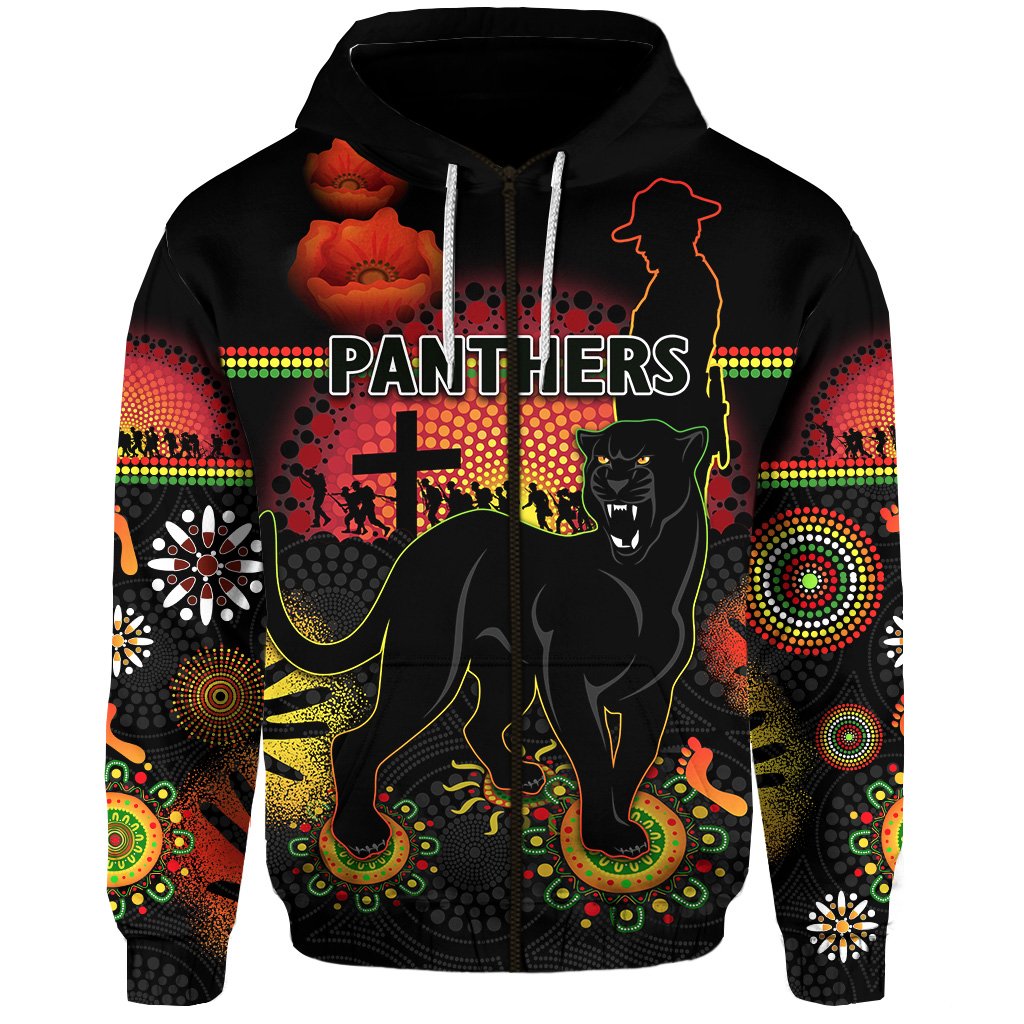 Penrith Zip Hoodie Indigenous Panthers ANZAC Day Lest We Forget - Vibe Hoodie Shop