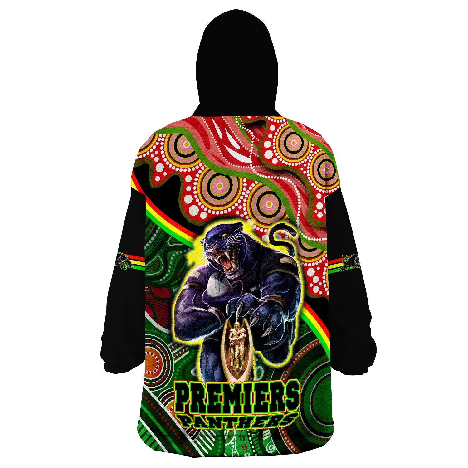 Penrith Panthers Premiers Black Panther With Aboriginal Arty Wearable Blanket Hoodie - Vibe Hoodie Shop