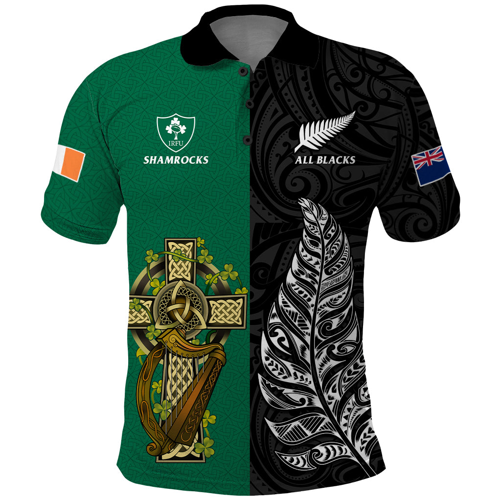 Ireland Shamrock and New Zealand Fern Polo Shirt Rugby Go Shamrock vs All Black - Vibe Hoodie Shop