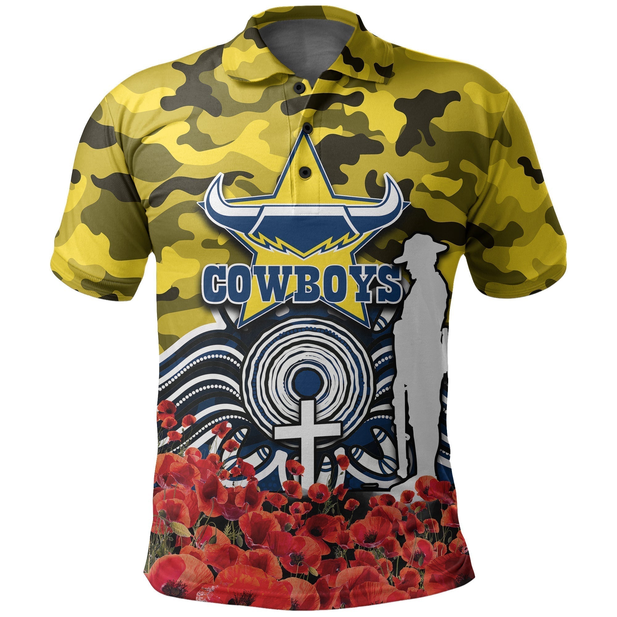 North Queensland Cowboys Polo Shirt ANZAC Day Poppy Flowers With Army Patterns - Vibe Hoodie Shop