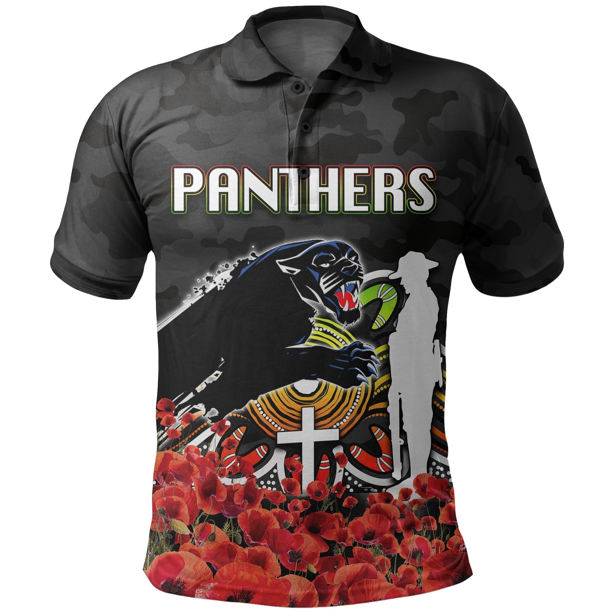 Penrith Panthers Polo Shirt ANZAC Day Poppy Flowers With Army Patterns - Vibe Hoodie Shop