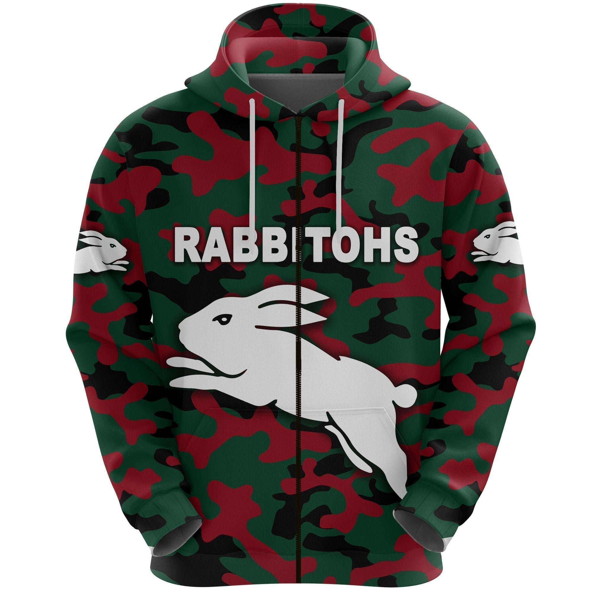 South Sydney Rabbitohs Zip Hoodie ANZAC Day Camouflage Vibes NO.1 - Vibe Hoodie Shop