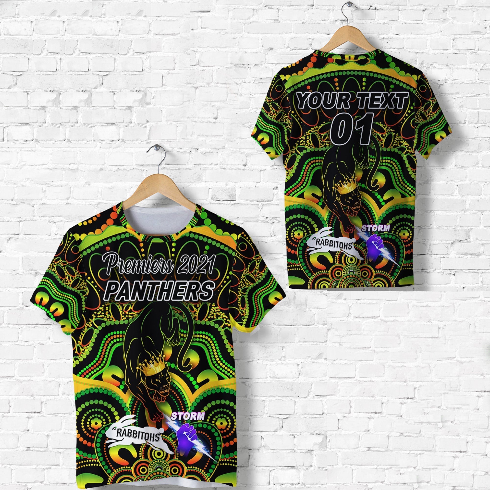 (Custom Personalised) Penrith Panthers T shirt 2021 Indigenous Premiers - The King, Custom Text And Number - Vibe Hoodie Shop