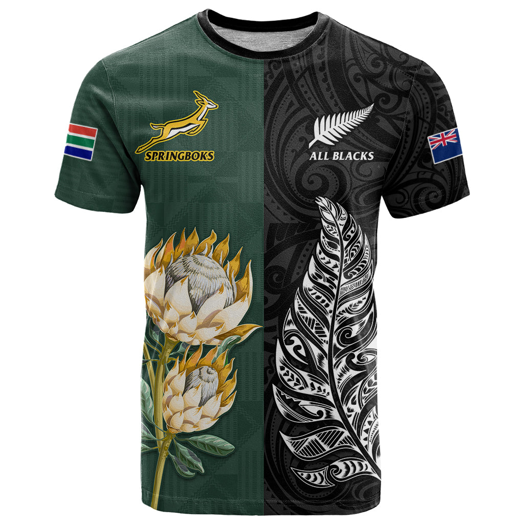 (Custom Text and Number) South Africa Protea and New Zealand Fern T Shirt Rugby Go Springboks vs All Black - Vibe Hoodie Shop