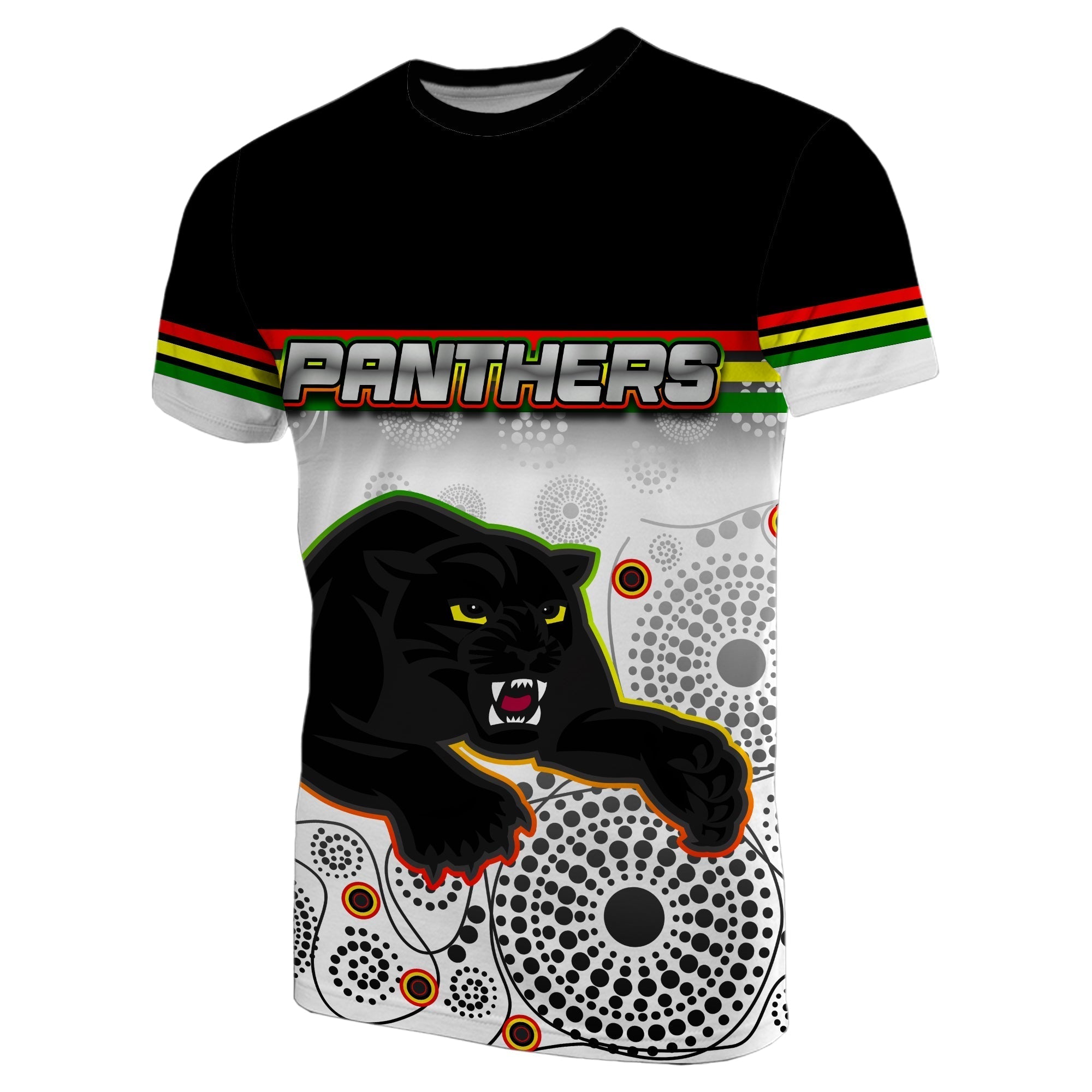 Panthers T shirt Aboriginal Patterns White - Vibe Hoodie Shop