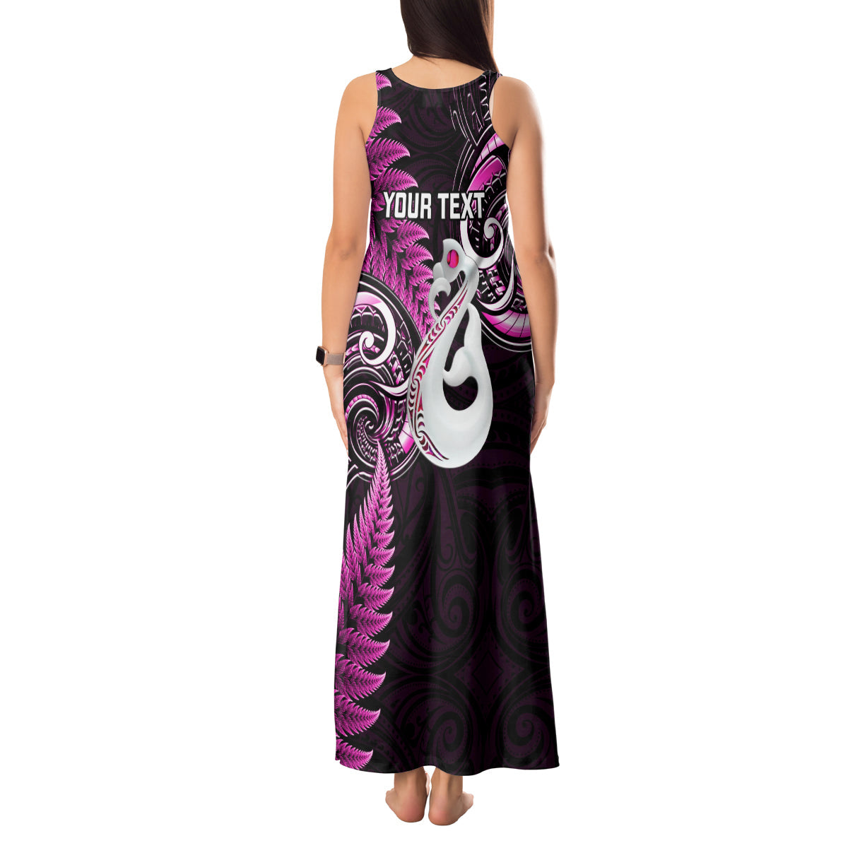 Personalised New Zealand Tank Maxi Dress Aotearoa Silver Fern With Manaia Maori Unique Pink LT14