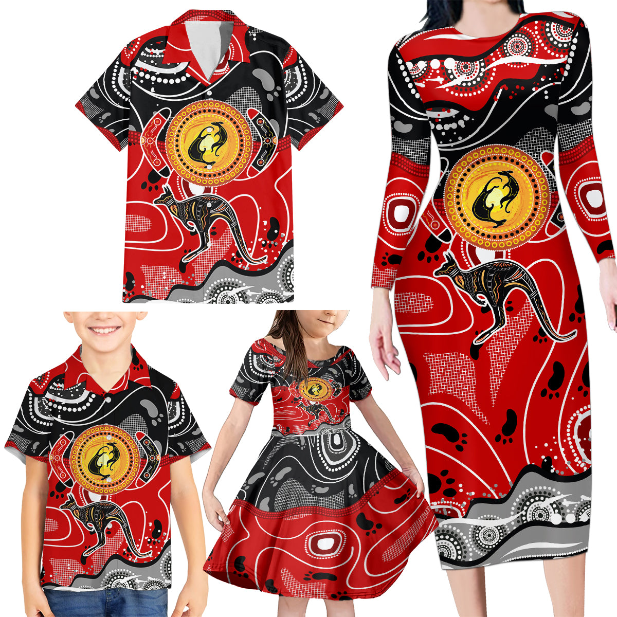 Aboriginal Flag Style Dot Art And Abstract Kangaroo Family Matching Long Sleeve Bodycon Dress and Hawaiian Shirt