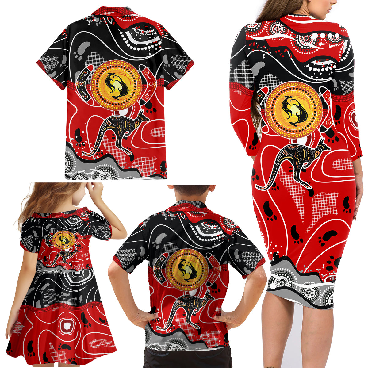 Aboriginal Flag Style Dot Art And Abstract Kangaroo Family Matching Long Sleeve Bodycon Dress and Hawaiian Shirt