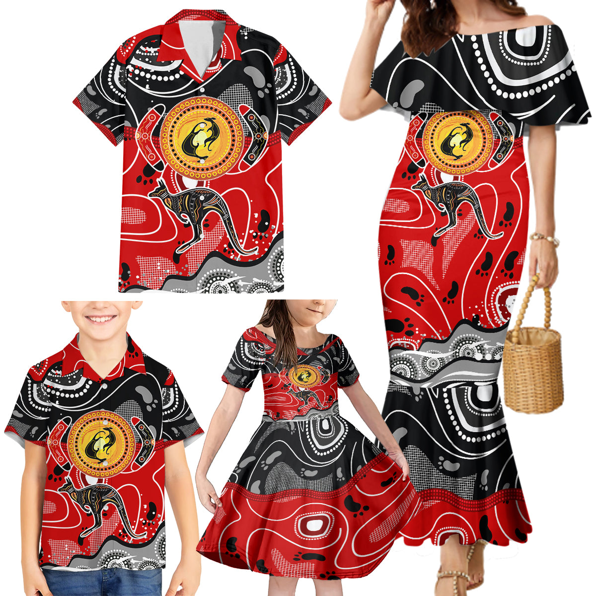 Aboriginal Flag Style Dot Art And Abstract Kangaroo Family Matching Mermaid Dress and Hawaiian Shirt