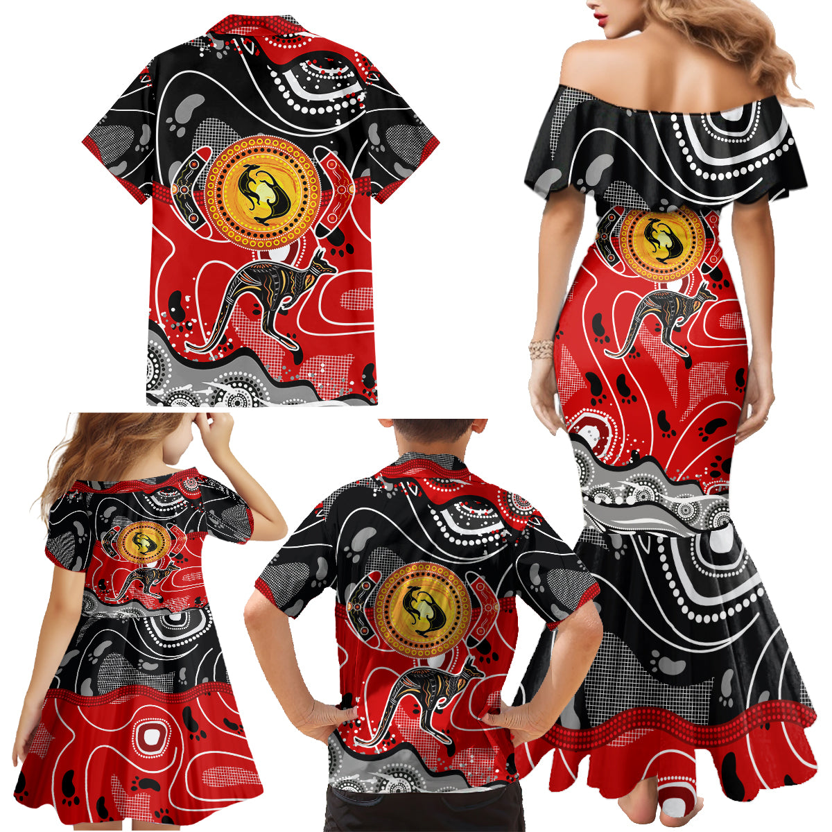 Aboriginal Flag Style Dot Art And Abstract Kangaroo Family Matching Mermaid Dress and Hawaiian Shirt