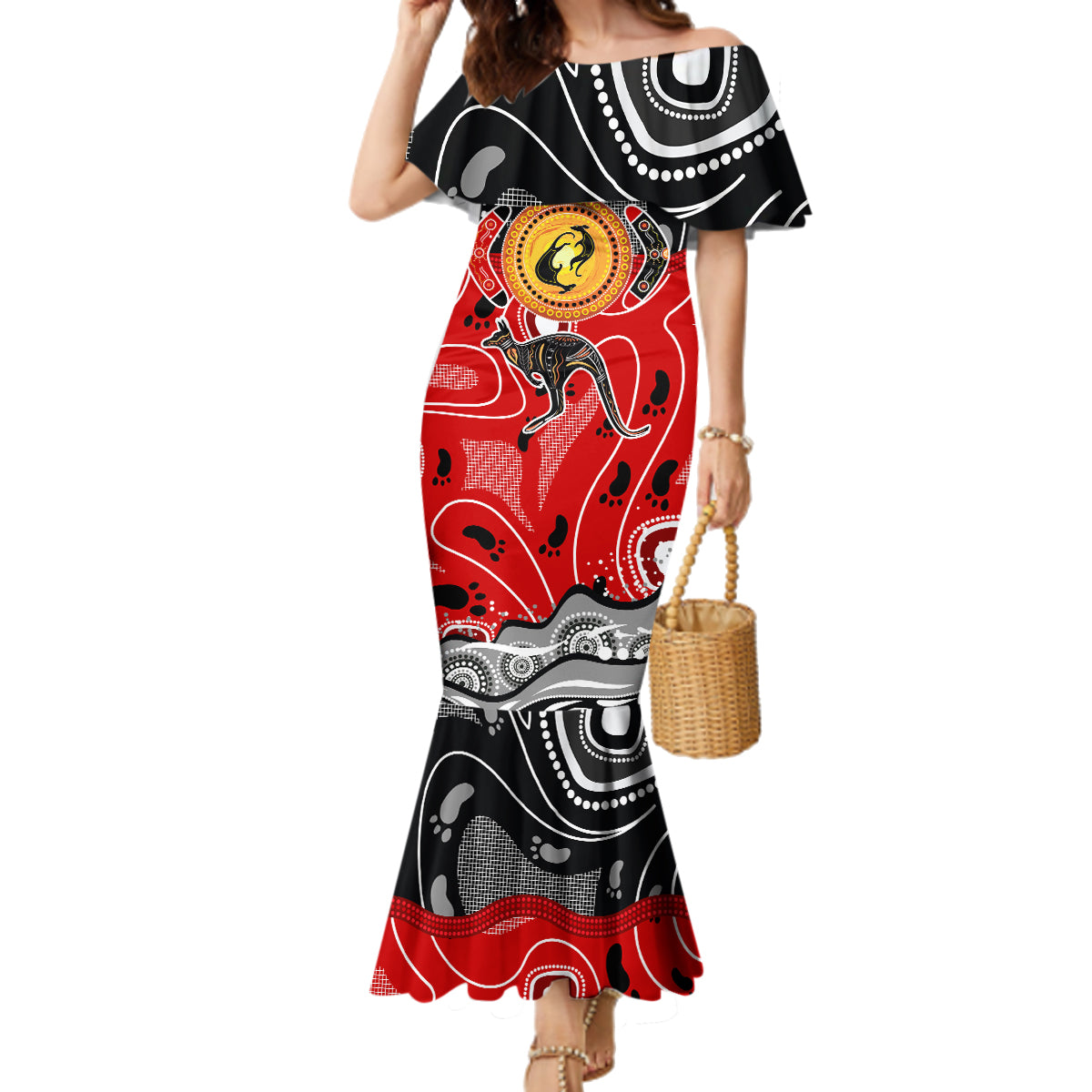 Aboriginal Flag Style Dot Art And Abstract Kangaroo Family Matching Mermaid Dress and Hawaiian Shirt