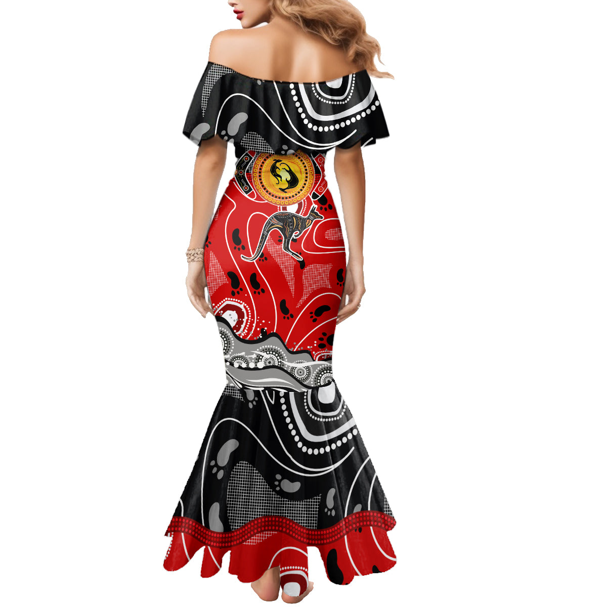 Aboriginal Flag Style Dot Art And Abstract Kangaroo Family Matching Mermaid Dress and Hawaiian Shirt