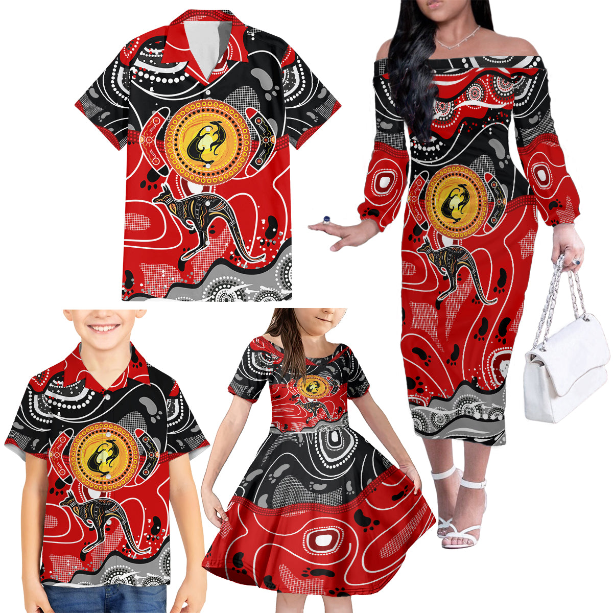 Aboriginal Flag Style Dot Art And Abstract Kangaroo Family Matching Off Shoulder Long Sleeve Dress and Hawaiian Shirt