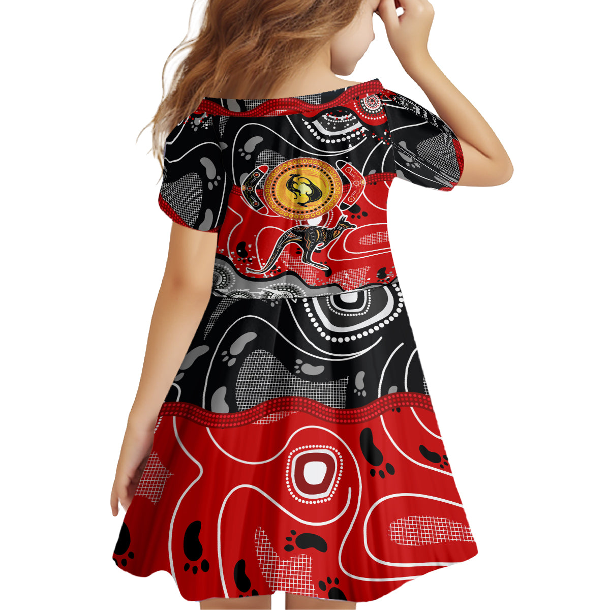 Aboriginal Flag Style Dot Art And Abstract Kangaroo Family Matching Off Shoulder Long Sleeve Dress and Hawaiian Shirt