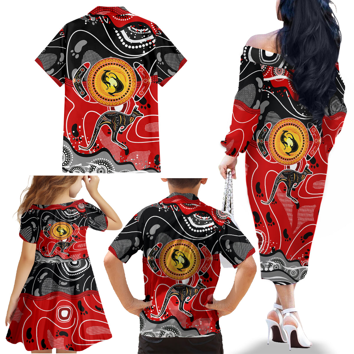 Aboriginal Flag Style Dot Art And Abstract Kangaroo Family Matching Off Shoulder Long Sleeve Dress and Hawaiian Shirt