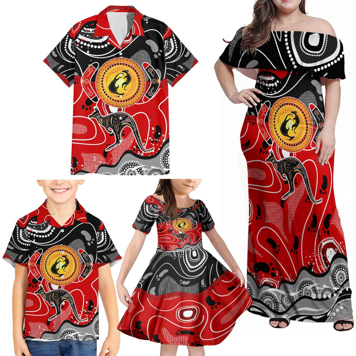 Aboriginal Flag Style Dot Art And Abstract Kangaroo Family Matching Off Shoulder Maxi Dress and Hawaiian Shirt