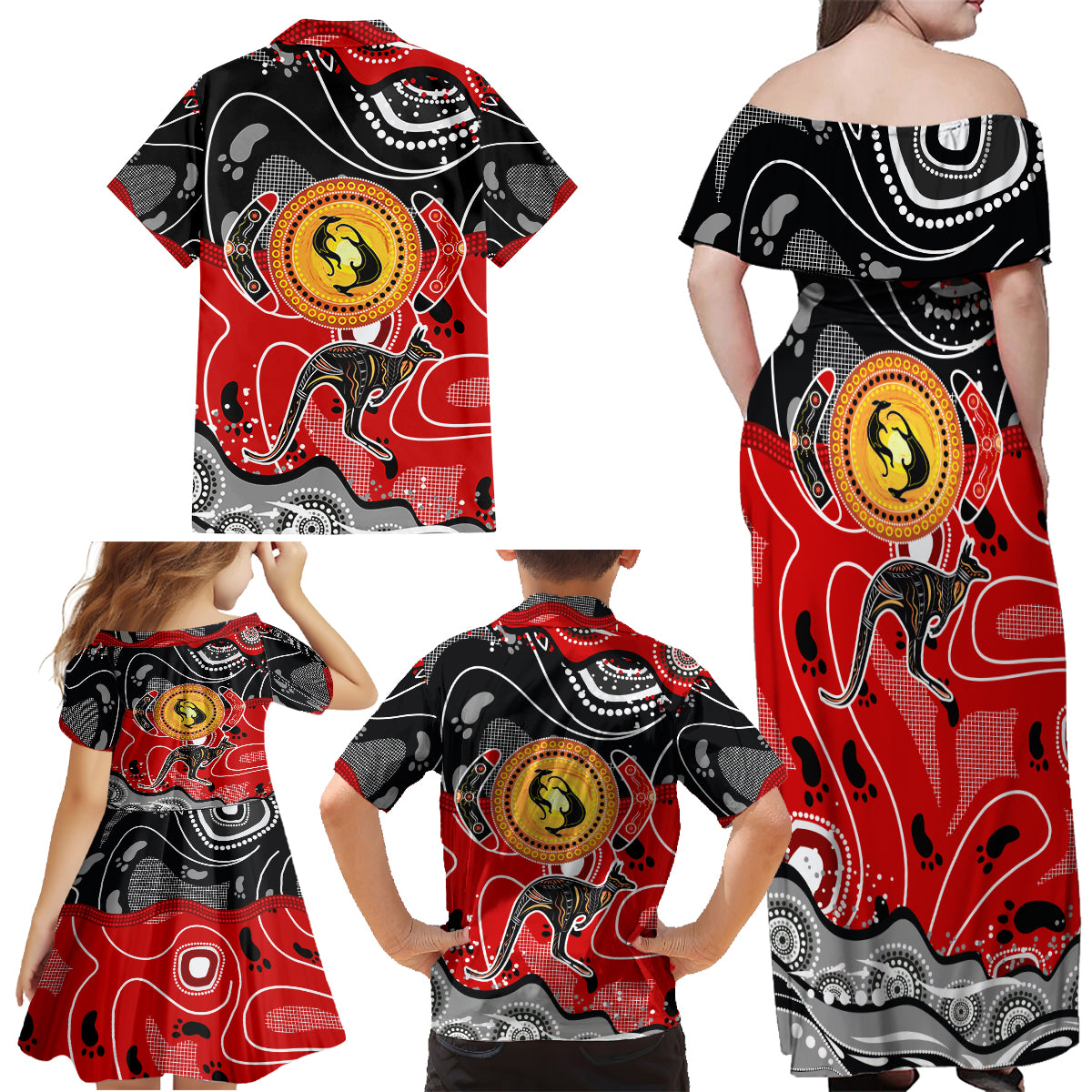 Aboriginal Flag Style Dot Art And Abstract Kangaroo Family Matching Off Shoulder Maxi Dress and Hawaiian Shirt