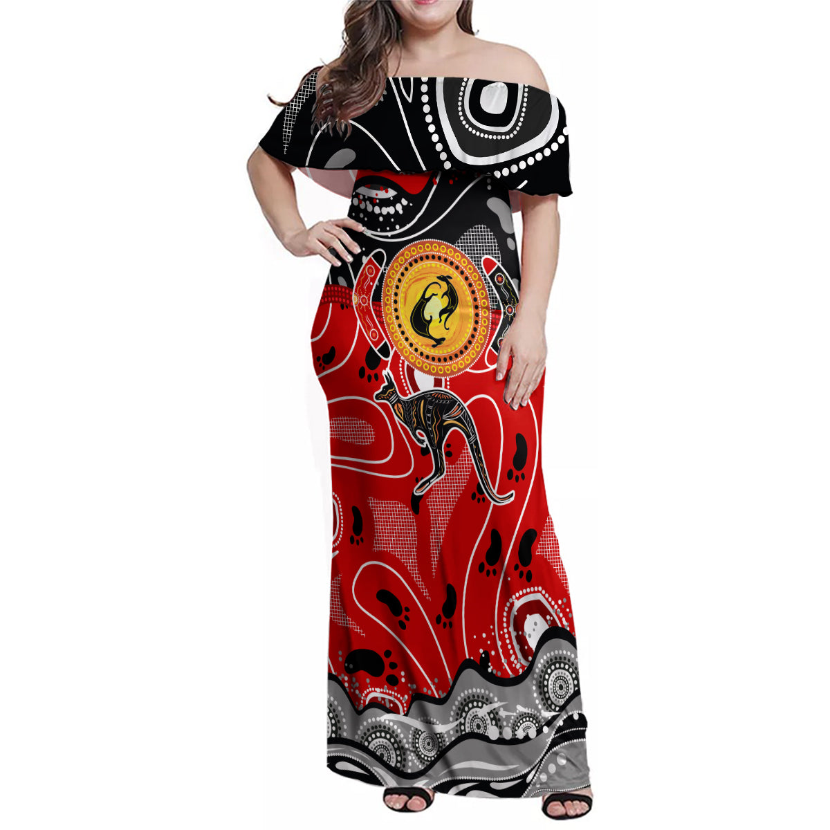 Aboriginal Flag Style Dot Art And Abstract Kangaroo Family Matching Off Shoulder Maxi Dress and Hawaiian Shirt