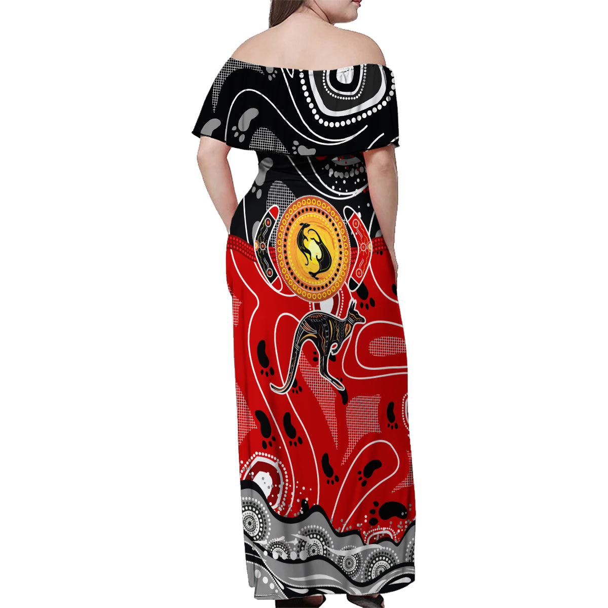 Aboriginal Flag Style Dot Art And Abstract Kangaroo Family Matching Off Shoulder Maxi Dress and Hawaiian Shirt