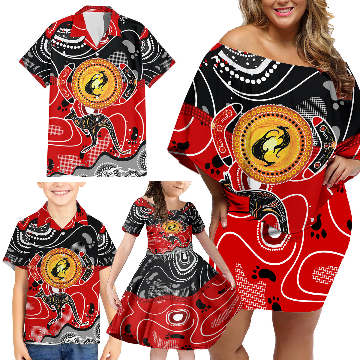 Aboriginal Flag Style Dot Art And Abstract Kangaroo Family Matching Off Shoulder Short Dress and Hawaiian Shirt
