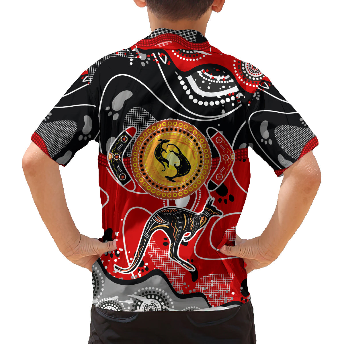 Aboriginal Flag Style Dot Art And Abstract Kangaroo Family Matching Off Shoulder Short Dress and Hawaiian Shirt