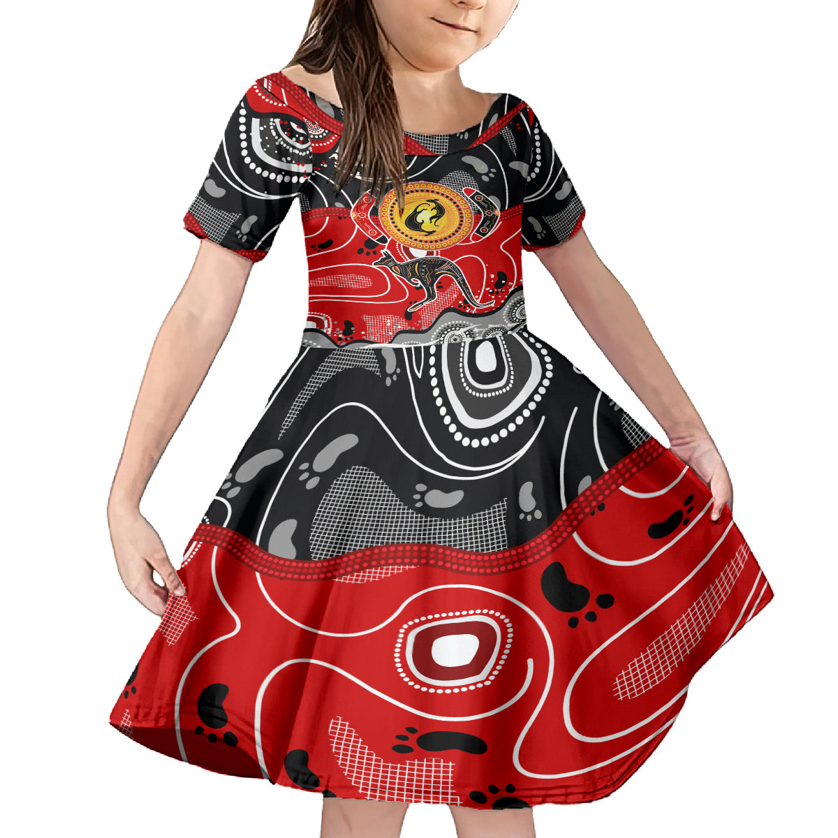 Aboriginal Flag Style Dot Art And Abstract Kangaroo Family Matching Off Shoulder Short Dress and Hawaiian Shirt