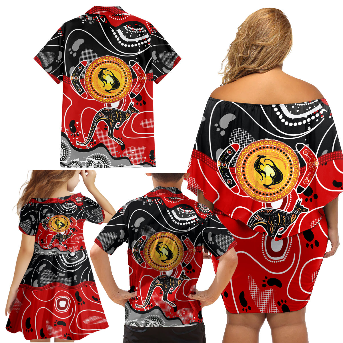 Aboriginal Flag Style Dot Art And Abstract Kangaroo Family Matching Off Shoulder Short Dress and Hawaiian Shirt