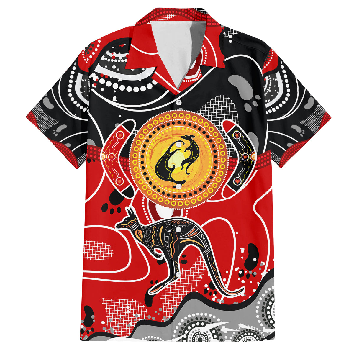 Aboriginal Flag Style Dot Art And Abstract Kangaroo Family Matching Off Shoulder Short Dress and Hawaiian Shirt