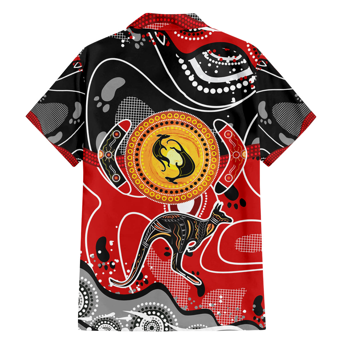 Aboriginal Flag Style Dot Art And Abstract Kangaroo Family Matching Off Shoulder Short Dress and Hawaiian Shirt