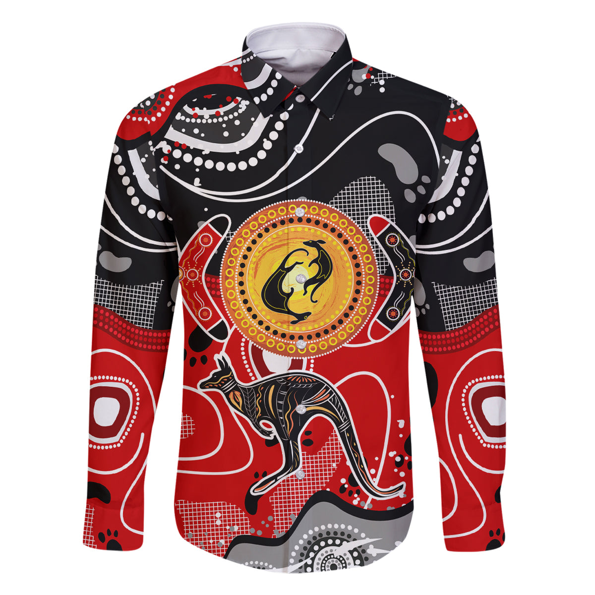 Aboriginal Flag Style Dot Art And Abstract Kangaroo Family Matching Off Shoulder Short Dress and Hawaiian Shirt