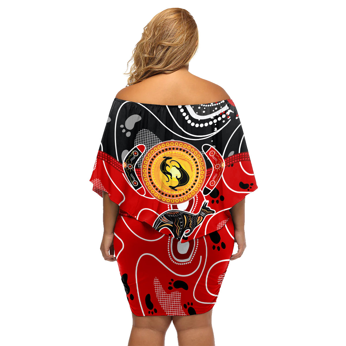 Aboriginal Flag Style Dot Art And Abstract Kangaroo Family Matching Off Shoulder Short Dress and Hawaiian Shirt