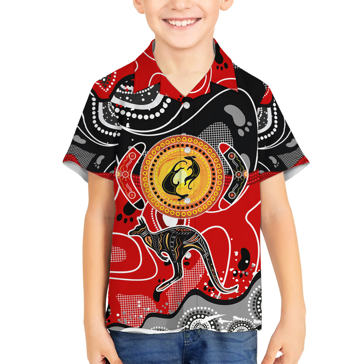 Aboriginal Flag Style Dot Art And Abstract Kangaroo Family Matching Off Shoulder Short Dress and Hawaiian Shirt
