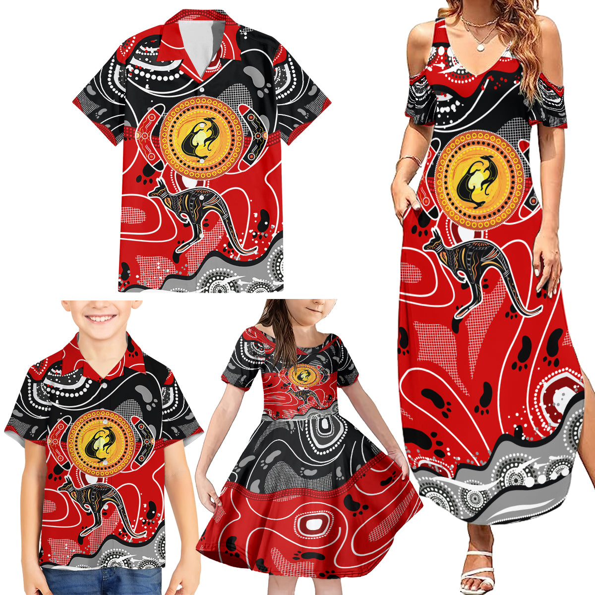 Aboriginal Flag Style Dot Art And Abstract Kangaroo Family Matching Summer Maxi Dress and Hawaiian Shirt