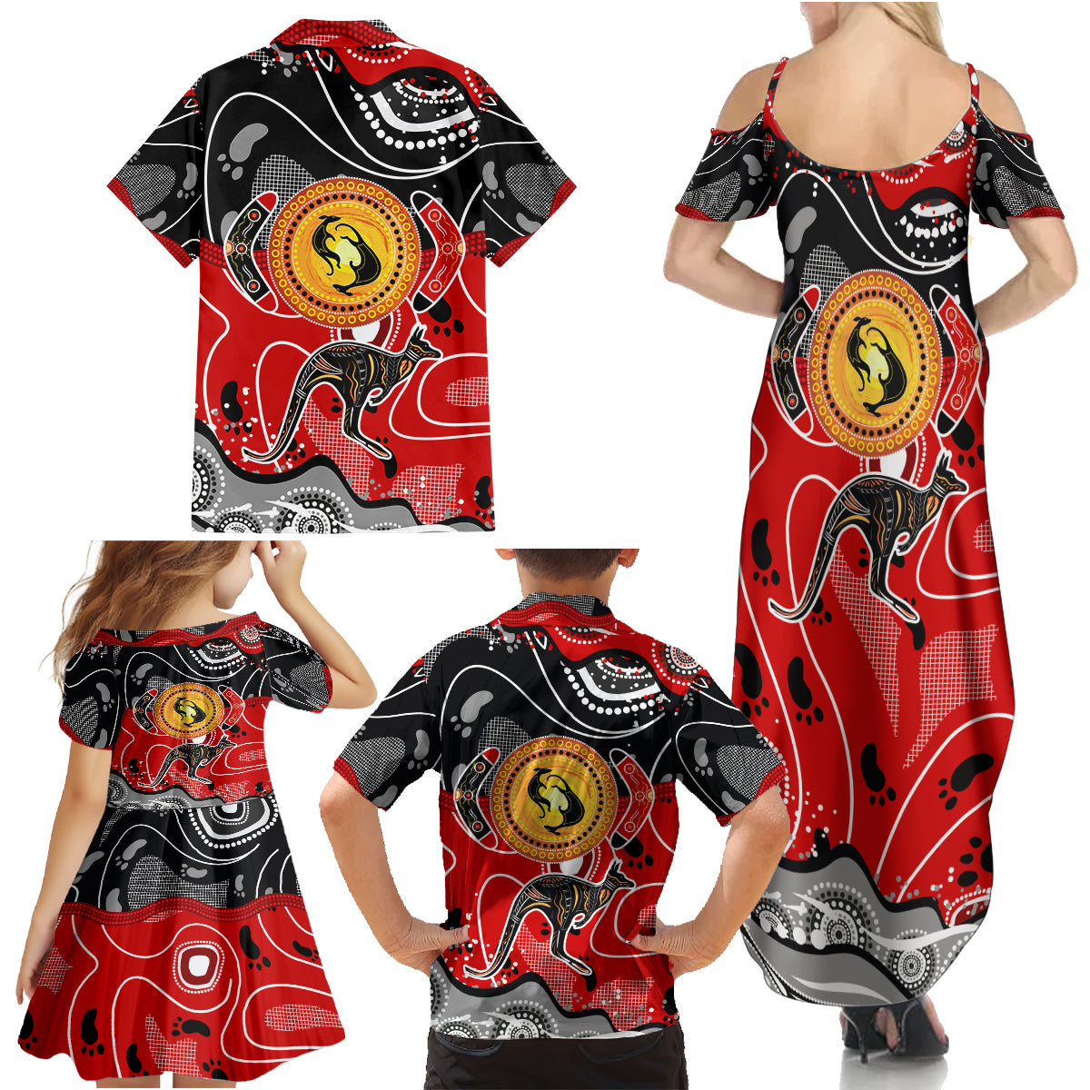 Aboriginal Flag Style Dot Art And Abstract Kangaroo Family Matching Summer Maxi Dress and Hawaiian Shirt