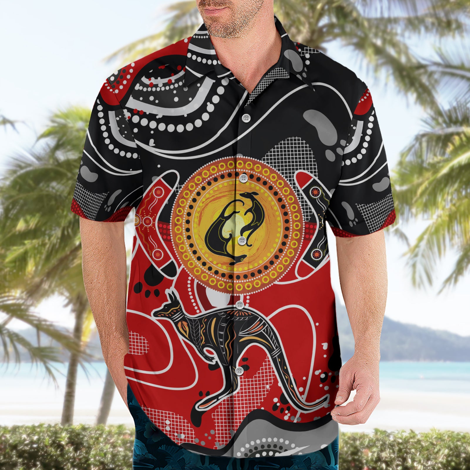 Aboriginal Flag Style Dot Art And Abstract Kangaroo Hawaiian Shirt - Vibe Hoodie Shop