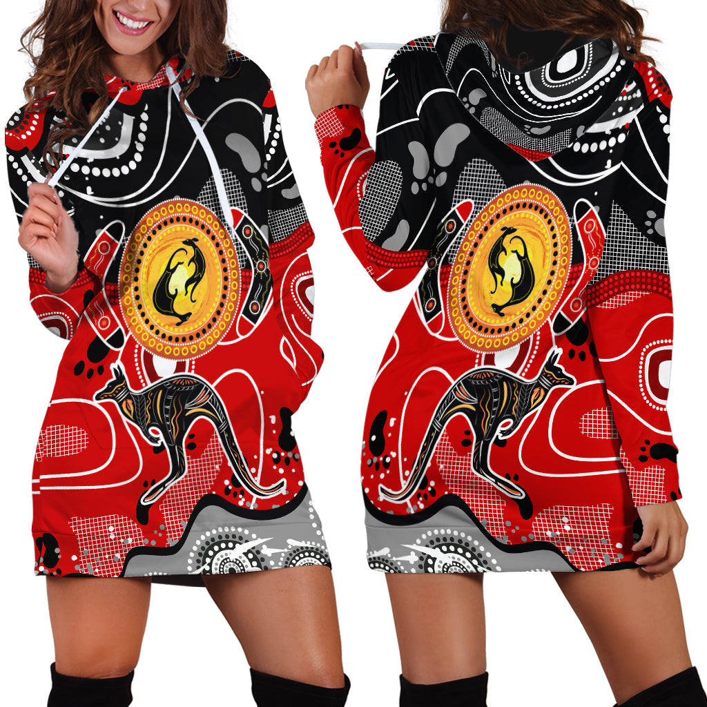 Aboriginal Flag Style Dot Art And Abstract Kangaroo Hoodie Dress - Vibe Hoodie Shop