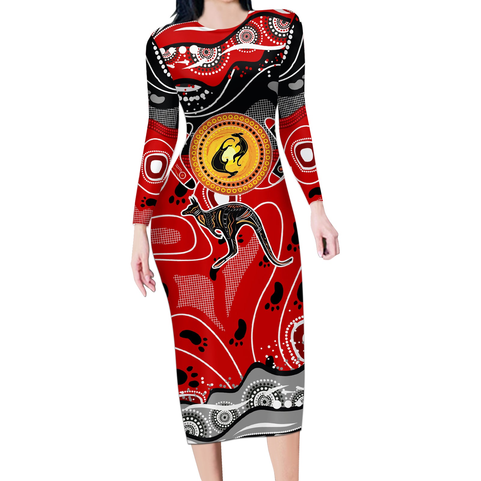 Aboriginal Flag Style Dot Art And Abstract Kangaroo Long Sleeve Bodycon Dress