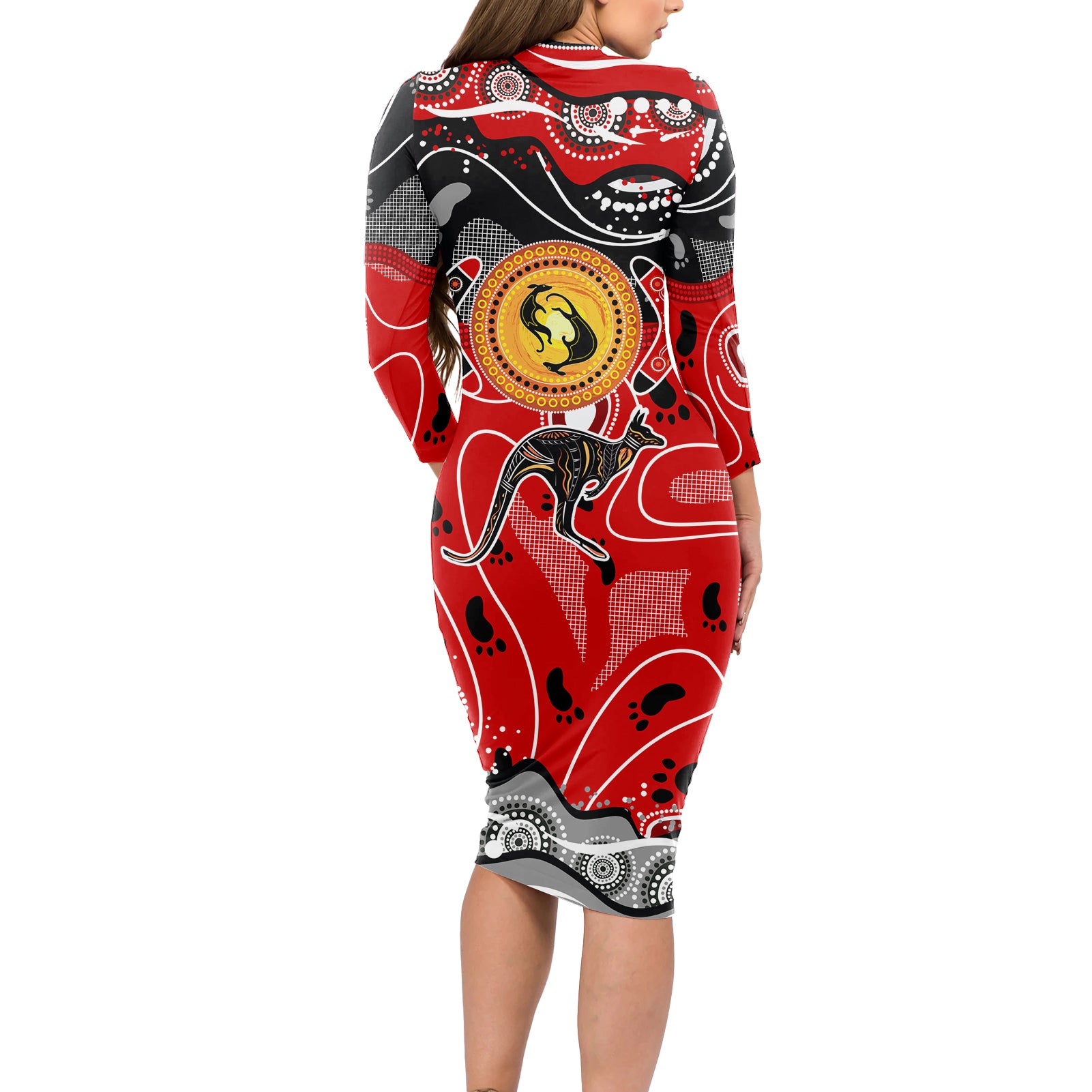 Aboriginal Flag Style Dot Art And Abstract Kangaroo Long Sleeve Bodycon Dress