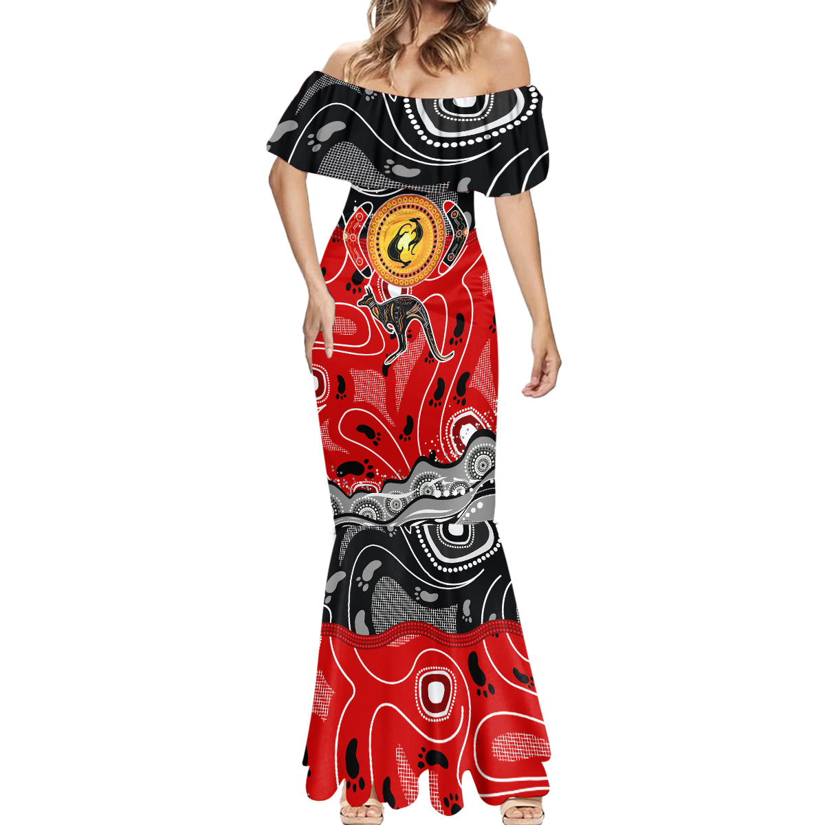 Aboriginal Flag Style Dot Art And Abstract Kangaroo Mermaid Dress