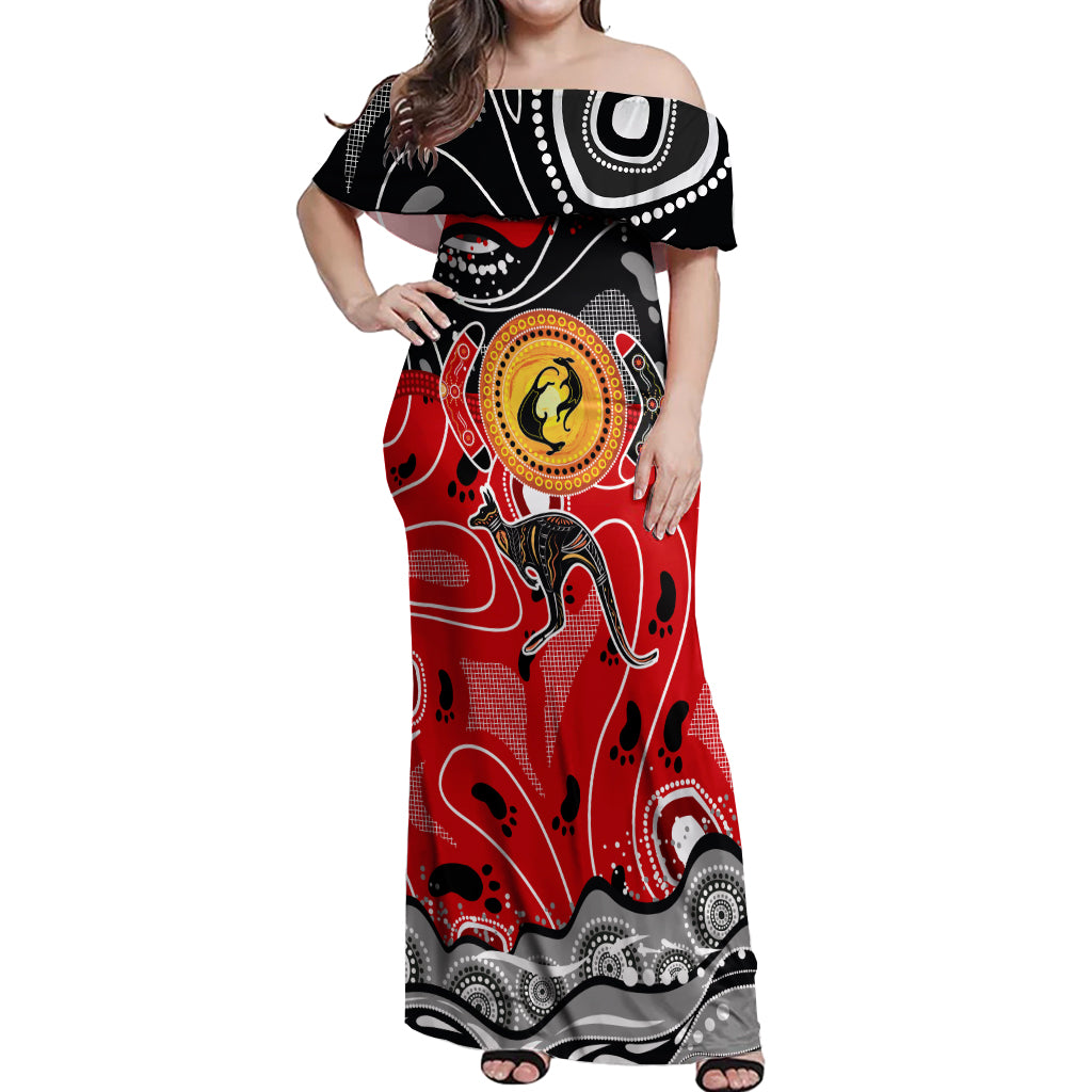 Aboriginal Flag Style Dot Art And Abstract Kangaroo Off Shoulder Maxi Dress