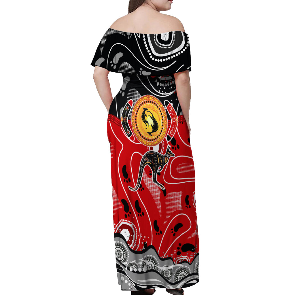 Aboriginal Flag Style Dot Art And Abstract Kangaroo Off Shoulder Maxi Dress